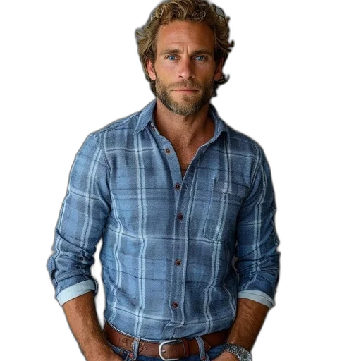 jacket, staff, photorealistic, man, curly, hair, beard, stands transparent PNG cut-out