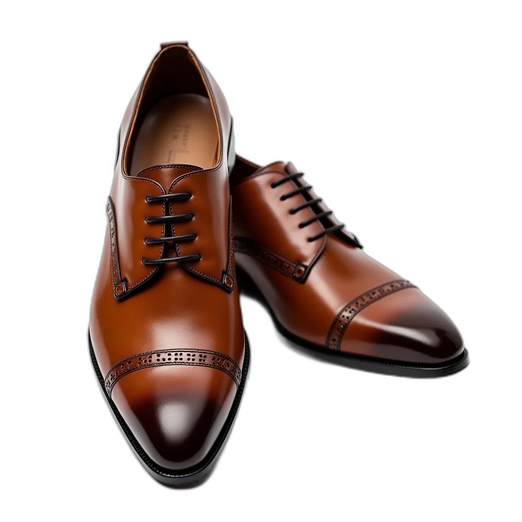 shoes, photorealistic, 3d render, pair, brown, leather, lace-up, front transparent PNG cut-out
