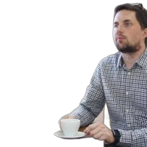 man, plaid, shirt, sits, wooden, table, white, coffee transparent PNG cut-out