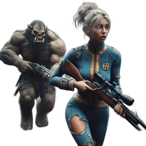 creature, concept art, fantasy art, comic book art, cyberpunk, fierce, rifle, follows transparent PNG cut-out