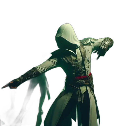 sword, jacket, staff, mask, concept art, cyberpunk, fantasy art, green transparent PNG cut-out