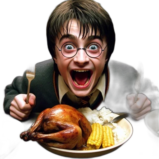 food, photorealistic, young, boy, round, glasses, big, excited transparent PNG cut-out