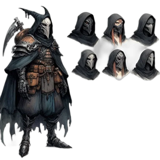 concept art, fantasy art, comic book art, 3d render, dark, monochrome, cloaked, figure transparent PNG cut-out