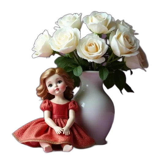 flower, 3d render, photorealistic, oil painting, cartoon, porcelain, doll, red transparent PNG cut-out