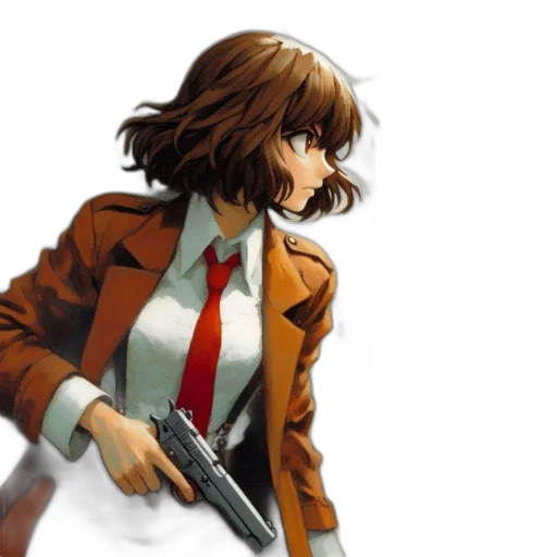 jacket, weapon, concept art, comic book art, photorealistic, anime, woman, brown transparent PNG cut-out