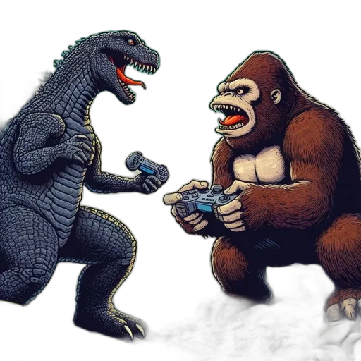 concept art, comic book art, fantasy art, pixel art, godzilla, king, kong, humorously transparent PNG cut-out