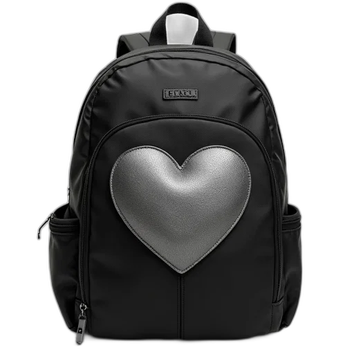 3d render, black, backpack, heart-shaped, design, front, featuring, textured transparent PNG cut-out