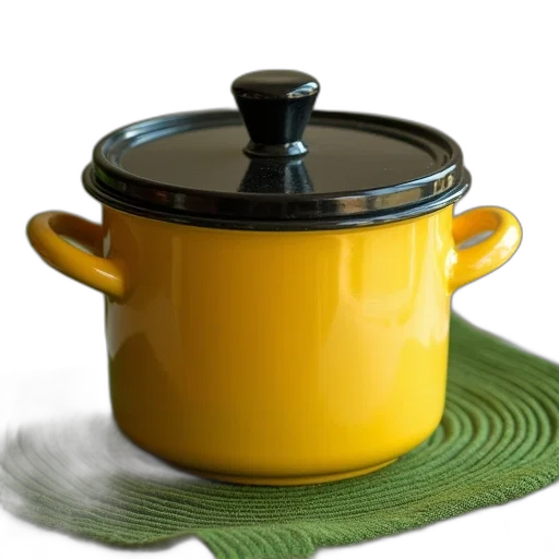 food, 3d render, photorealistic, yellow, iron, pot, black, lid transparent PNG cut-out
