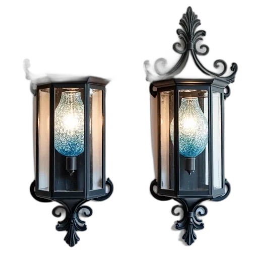 3d render, photorealistic, pair, vintage-style, wall, sconces, ornate, black transparent PNG cut-out