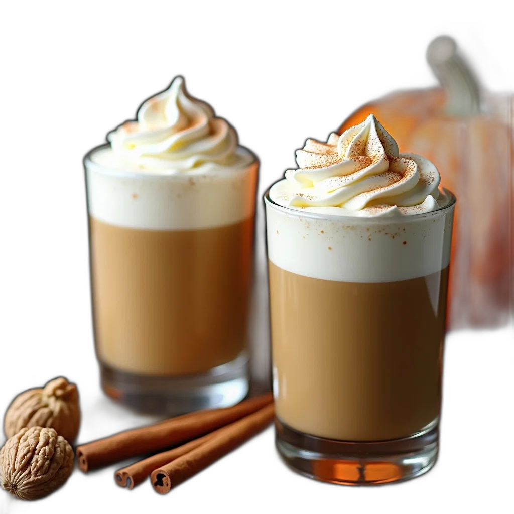 food, photorealistic, 3d render, two, glasses, pumpkin, spice, latte transparent PNG cut-out