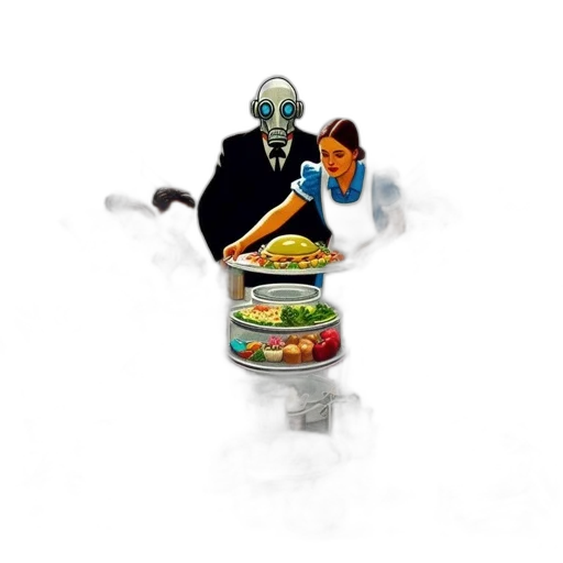 robot, food, staff, creature, concept art, pixel art, 3d render, vaporwave transparent PNG cut-out