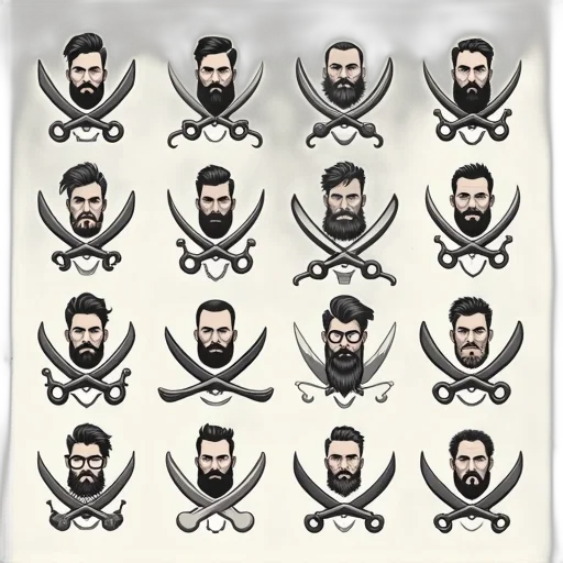 concept art, fantasy art, comic book art, cartoon, monochrome, barber, badges, vector transparent PNG cut-out