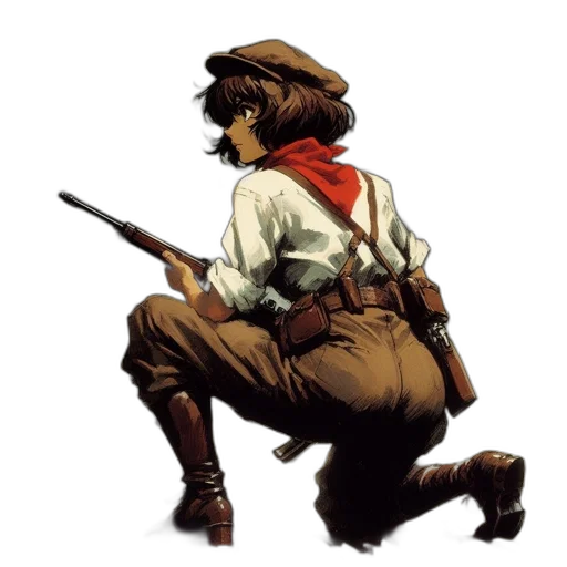 weapon, staff, jacket, hat, concept art, comic book art, fantasy art, cartoon transparent PNG cut-out