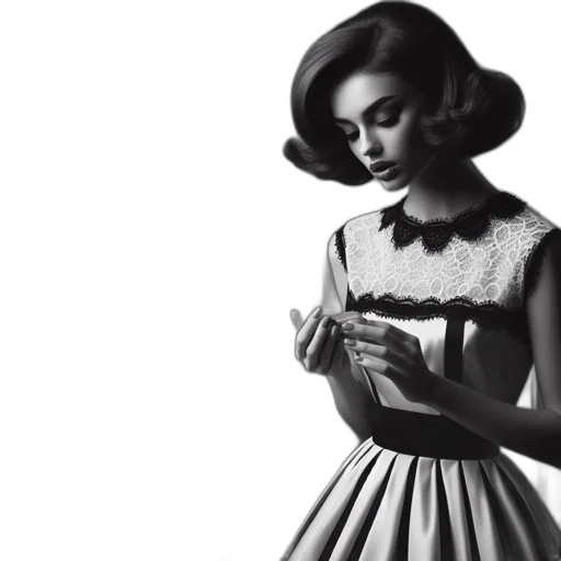 dress, jewelry, photorealistic, monochrome, woman, vintage, 1950s, hairstyle transparent PNG cut-out