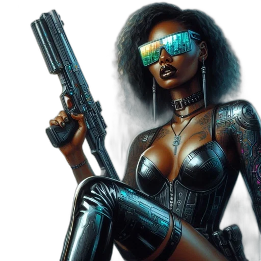 cyberpunk, comic book art, concept art, fantasy art, woman, curly, hair, tattoos transparent PNG cut-out