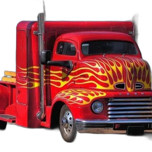 photorealistic, concept art, 3d render, fire, vibrant, red, truck, yellow transparent PNG cut-out