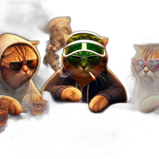 concept art, fantasy art, 3d render, comic book art, three, anthropomorphic, cats, play transparent PNG cut-out