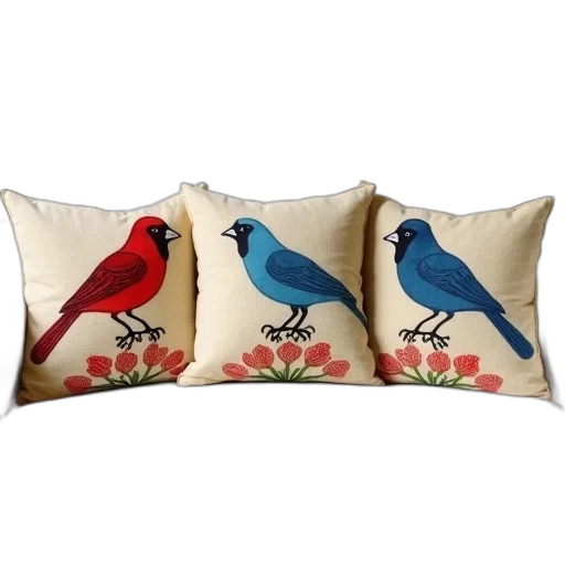 photorealistic, red, colorful, collection, three, decorative, pillows, bird transparent PNG cut-out