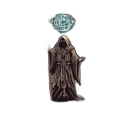 jewelry, ancient, chamber, hooded, figure, wields, spiraled, staff transparent PNG cut-out