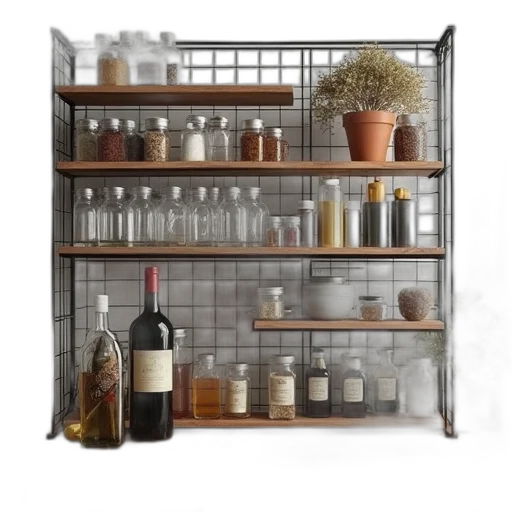 furniture, bottle, earth tones, wire, shelving, rack, spices, wine transparent PNG cut-out
