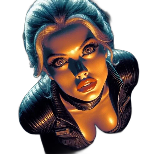 face, jacket, jewelry, comic book art, concept art, cyberpunk, photorealistic, neon lights transparent PNG cut-out