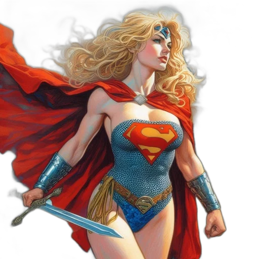 comic book art, concept art, fantasy art, photorealistic, blonde-haired, female, superhero, dressed transparent PNG cut-out