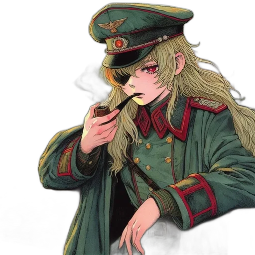hat, staff, weapon, jacket, anime, concept art, pixel art, watercolor transparent PNG cut-out