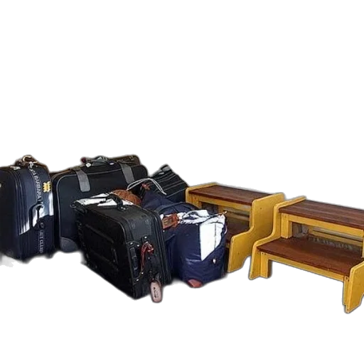 furniture, 3d render, concept art, room, suitcases, wooden, stools, against transparent PNG cut-out