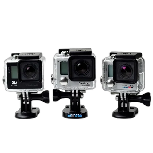 collection, three, gopro, cameras, black, silver, casings, each transparent PNG cut-out