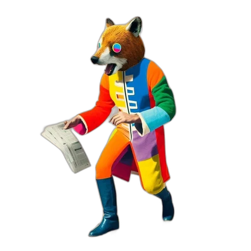 staff, jacket, animal, mask, concept art, 3d render, fantasy art, colorful transparent PNG cut-out