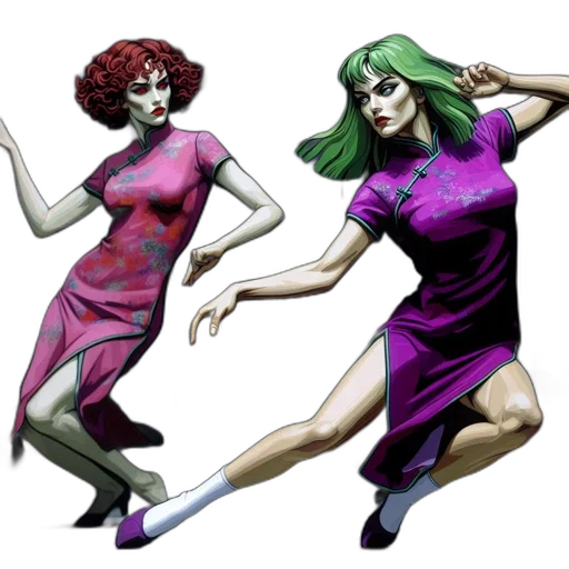 dress, concept art, comic book art, pixel art, fantasy art, green, two, dancers transparent PNG cut-out