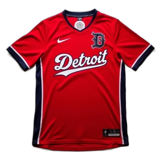 red, jersey, word, detroit, front, stylized, logo, left transparent PNG cut-out