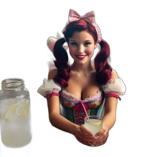 bottle, dress, 3d render, photorealistic, red-haired, woman, corseted, outfit transparent PNG cut-out