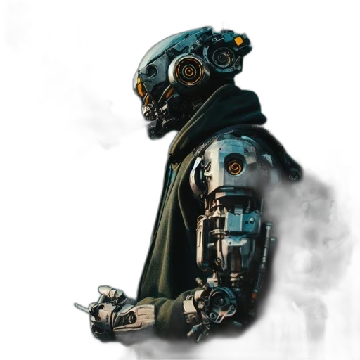 robot, jacket, weapon, staff, concept art, cyberpunk, fantasy art, 3d render transparent PNG cut-out