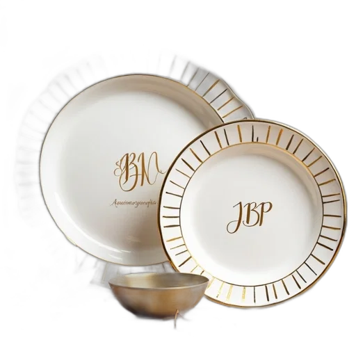 jewelry, collection, white, gold, patterned, plates, bowls, monogrammed transparent PNG cut-out