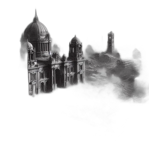 building, concept art, pencil sketch, fantasy art, photorealistic, fog, city street, night transparent PNG cut-out
