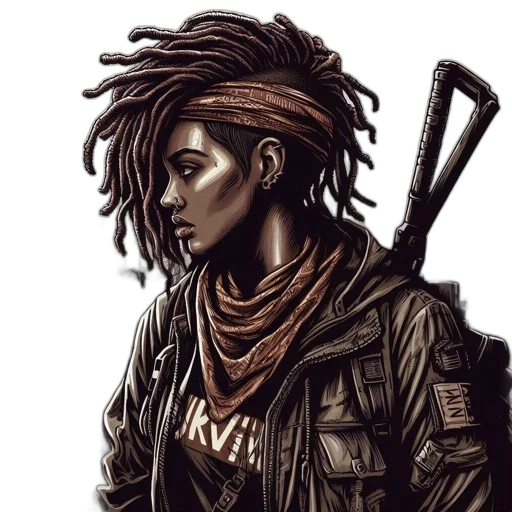 weapon, staff, jacket, hair, comic book art, cyberpunk, concept art, fantasy art transparent PNG cut-out