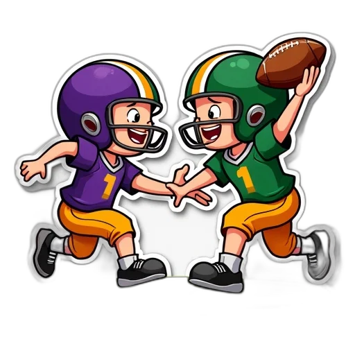 colorful, sticker, featuring, two, cartoon, characters, playing, football transparent PNG cut-out