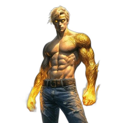 weapon, concept art, comic book art, 3d render, fantasy art, golden, muscular, glowing-eyed transparent PNG cut-out