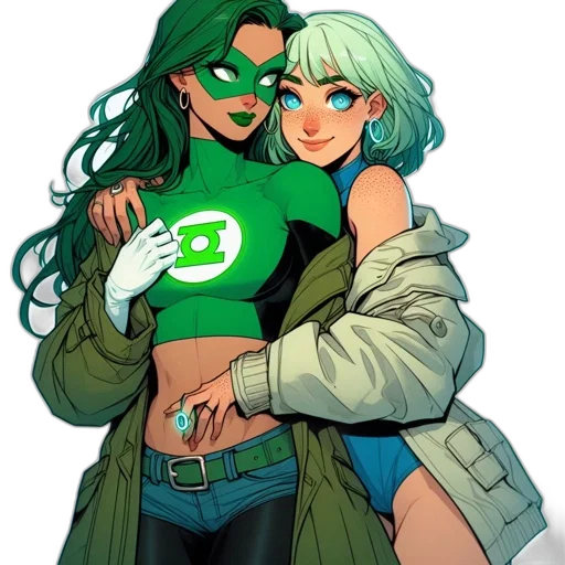 jacket, comic book art, concept art, green, two, animated, women, interact transparent PNG cut-out