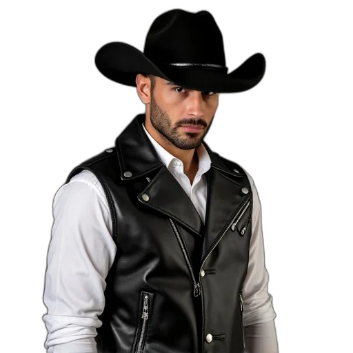 jacket, hat, photorealistic, man, wearing, cowboy, black, leather transparent PNG cut-out
