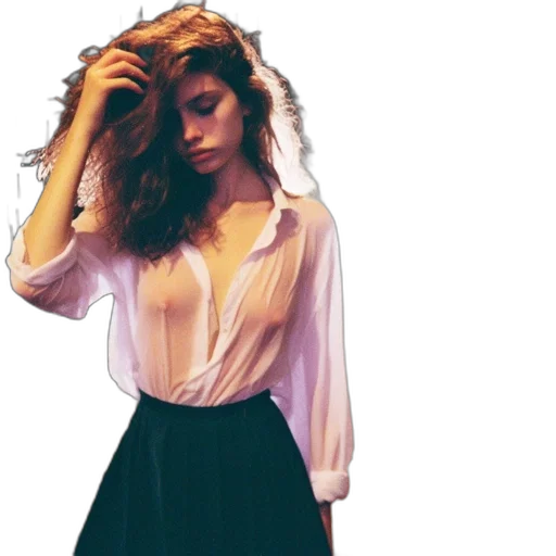 dress, jacket, hair, jewelry, photorealistic, neon lights, pastel, dark transparent PNG cut-out