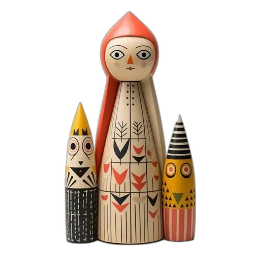 3d render, concept art, three, wooden, figurines, including, central, doll transparent PNG cut-out