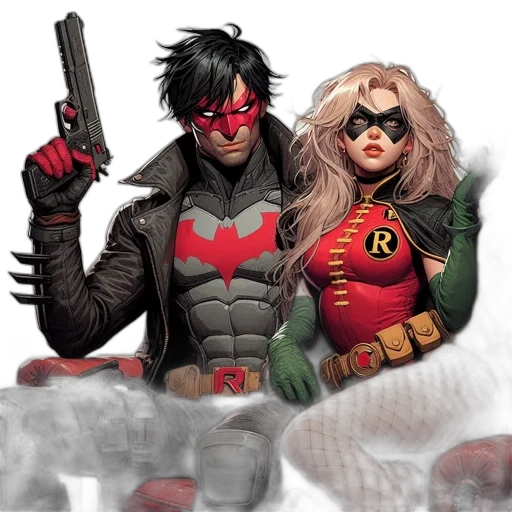 comic book art, concept art, watercolor, red, two, superhero, characters, one transparent PNG cut-out