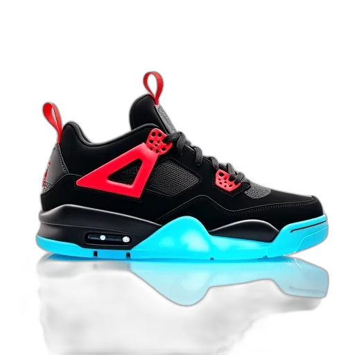 shoes, 3d render, photorealistic, black, red, sneaker, glowing, blue transparent PNG cut-out
