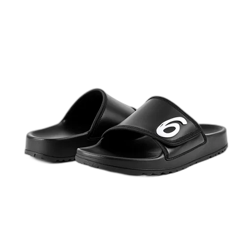 shoes, 3d render, pair, black, white, sandals, strap, logo transparent PNG cut-out
