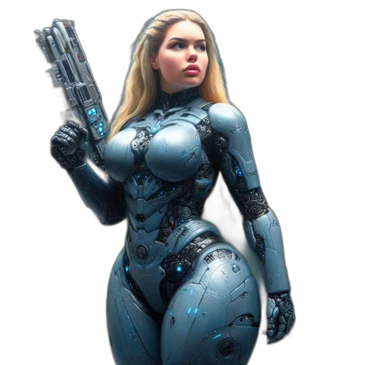 robot, weapon, dress, comic book art, concept art, 3d render, cyberpunk, blue transparent PNG cut-out