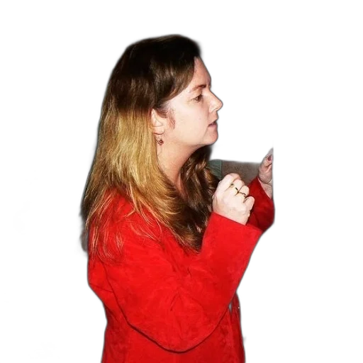 staff, jacket, dress, jewelry, woman, red, opening, microwave transparent PNG cut-out