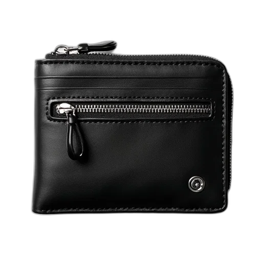 black, leather, wallet, silver, zipper, closure, small, logo transparent PNG cut-out