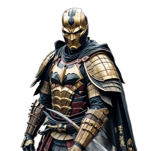 mask, sword, comic book art, concept art, fantasy art, 3d render, character, gold transparent PNG cut-out